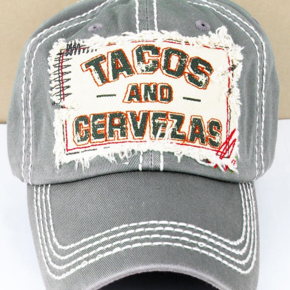Distressed Tacos and Cervezas (Beer) Mom Cap, Mom Hat, Baseball Hat, Baseball Ca